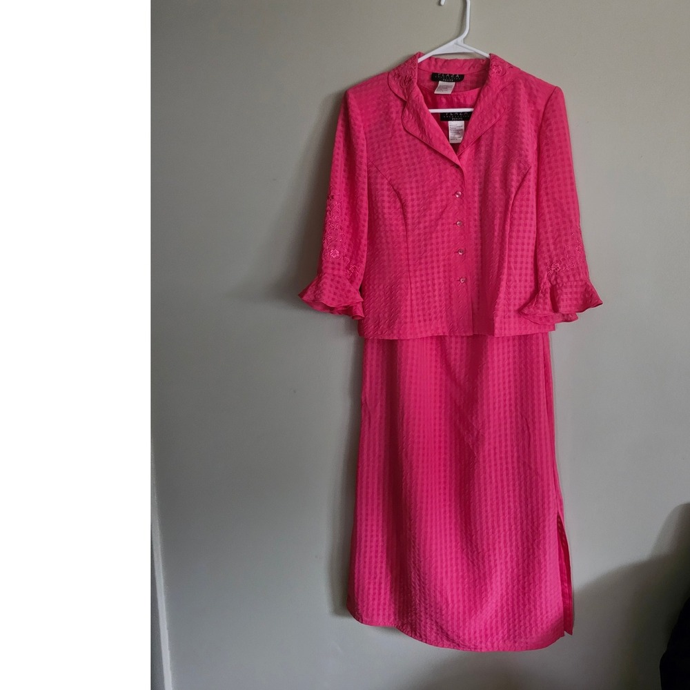 Plaza Collection Petite Pink Dress Suit Set Floral Embroidery 6P vintage